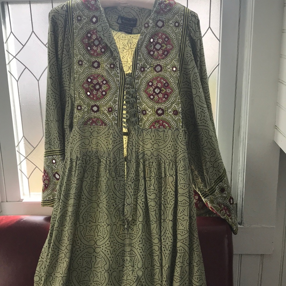 Bohemian style dress. Green with mirror accent s